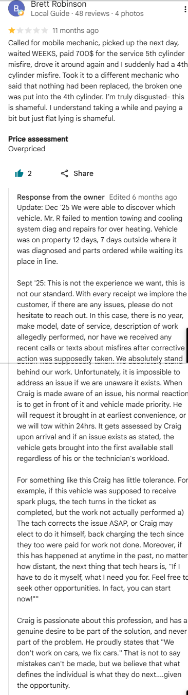 One-star Google review from Brett Robinson alleging a part was moved rather than replaced