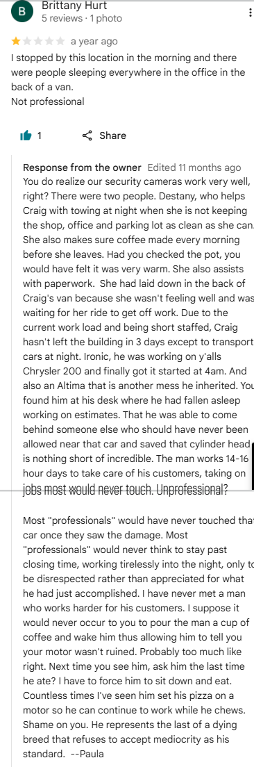 One-star Google review from Brittany Hurt describing people sleeping in the office