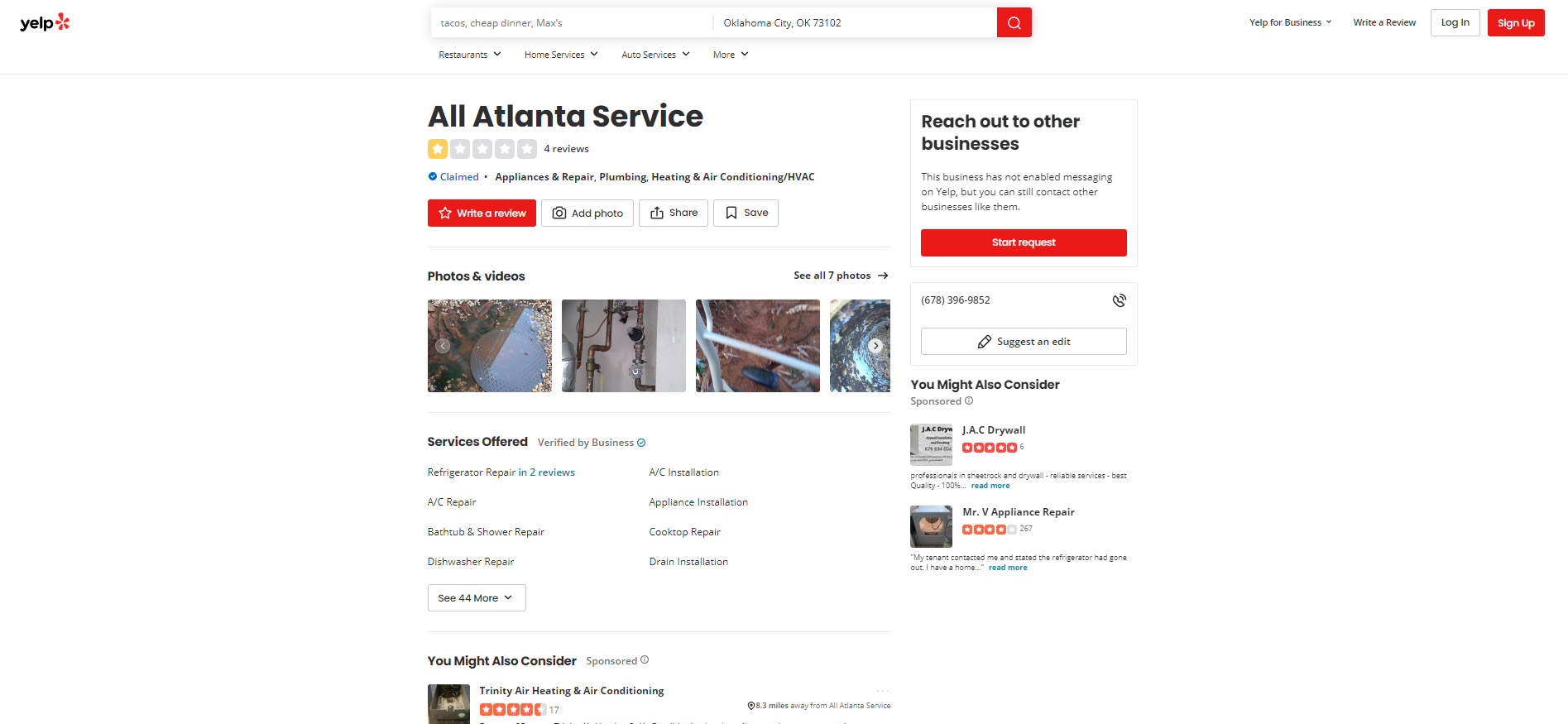Customer reviews from David Burtz's time operating as a handyman under the name "All Atlanta Service."
