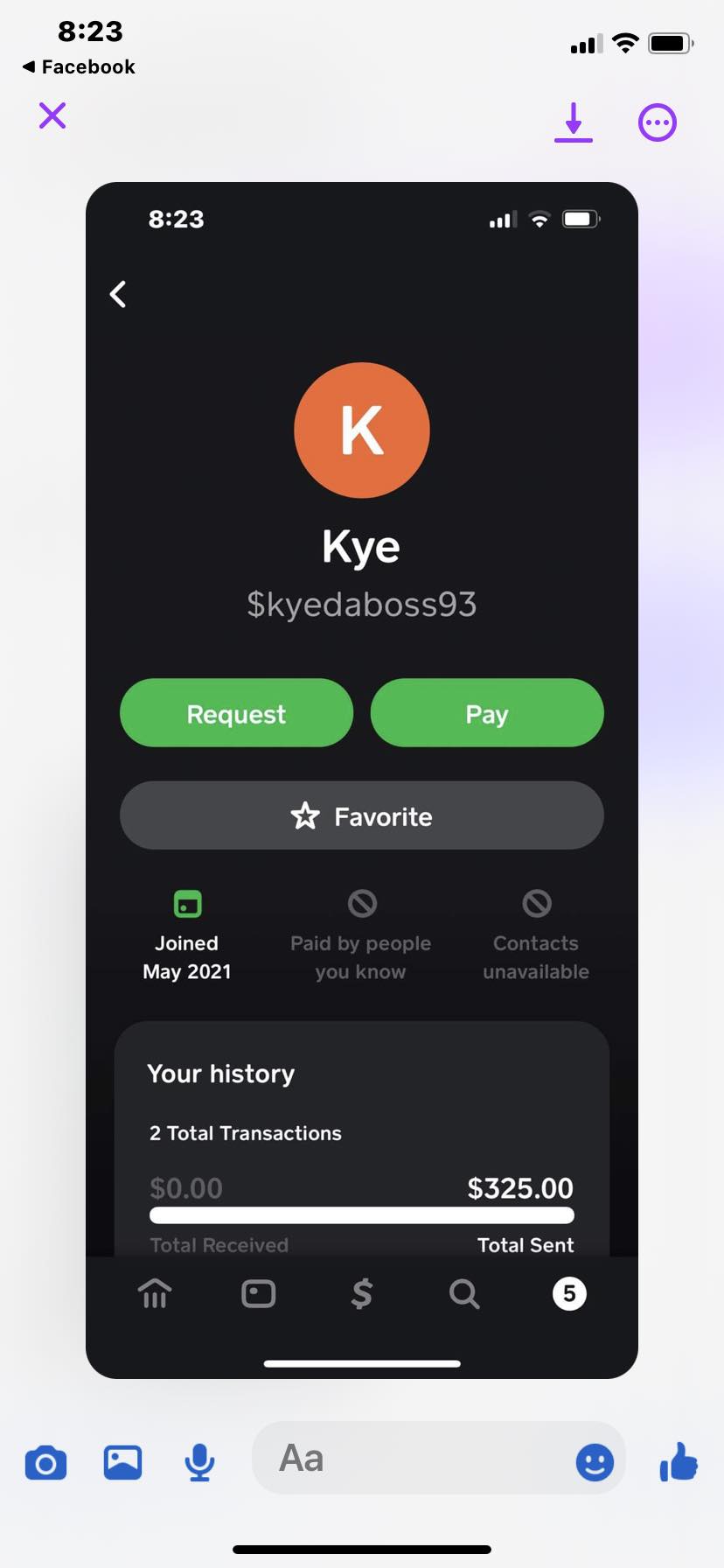 Cash App transaction screenshot showing the $325 payment to Kyle Johnson.