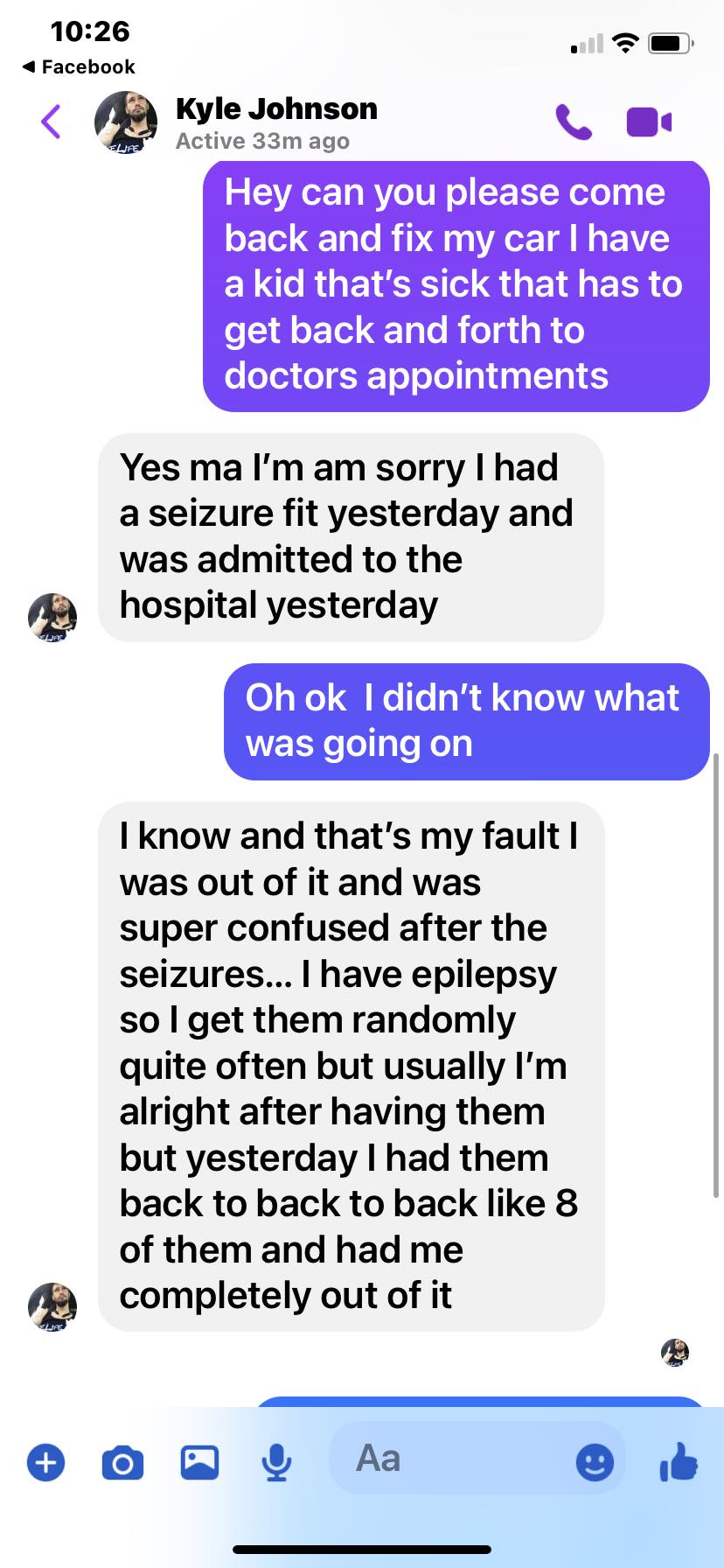 Message from Kyle Johnson to the customer.
