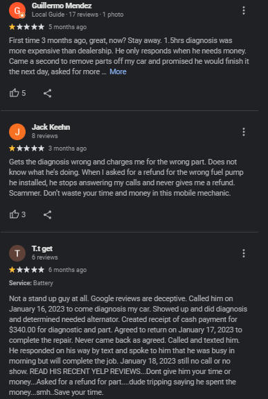 Screenshots of negative feedback tied to Kyle Johnson's aliases.